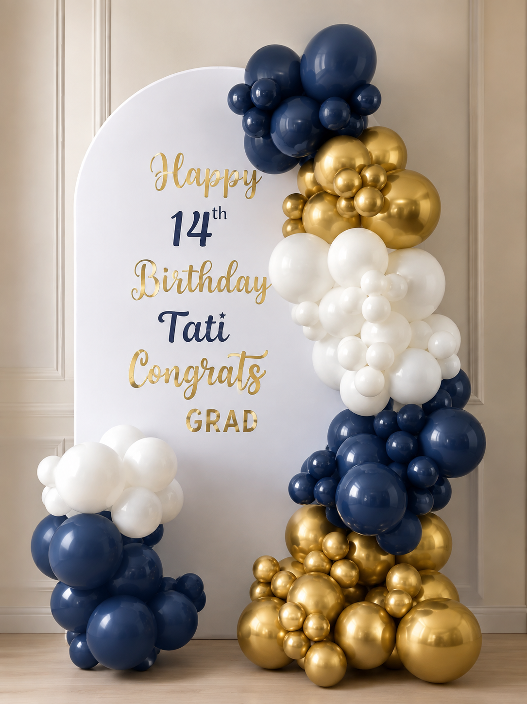 Elegant Navy & Gold Balloon Backdrop Arch Setup
